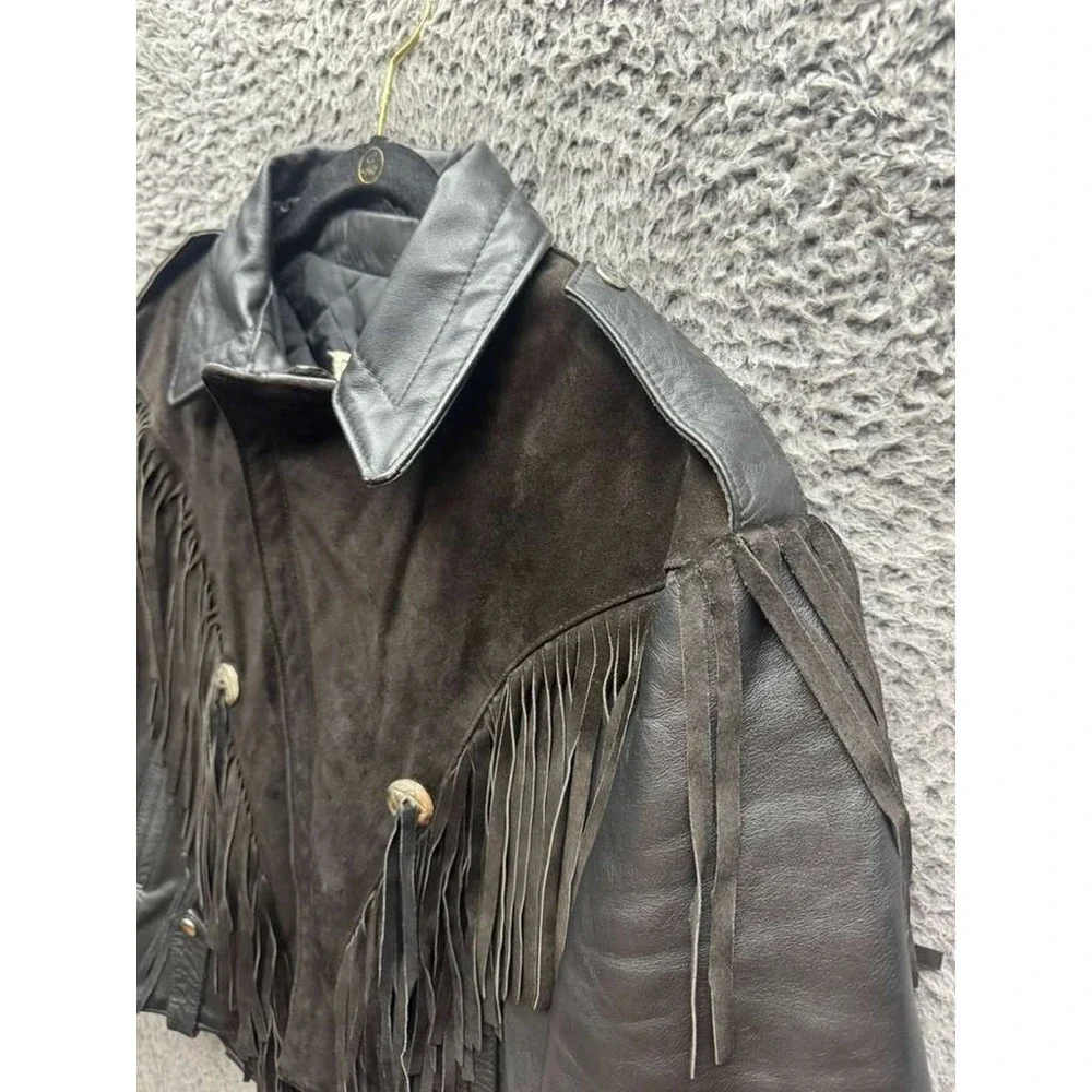 Vintage Suede Leather Fringe Collared‎ Full Zip Biker Jacket Black Mens Size 42